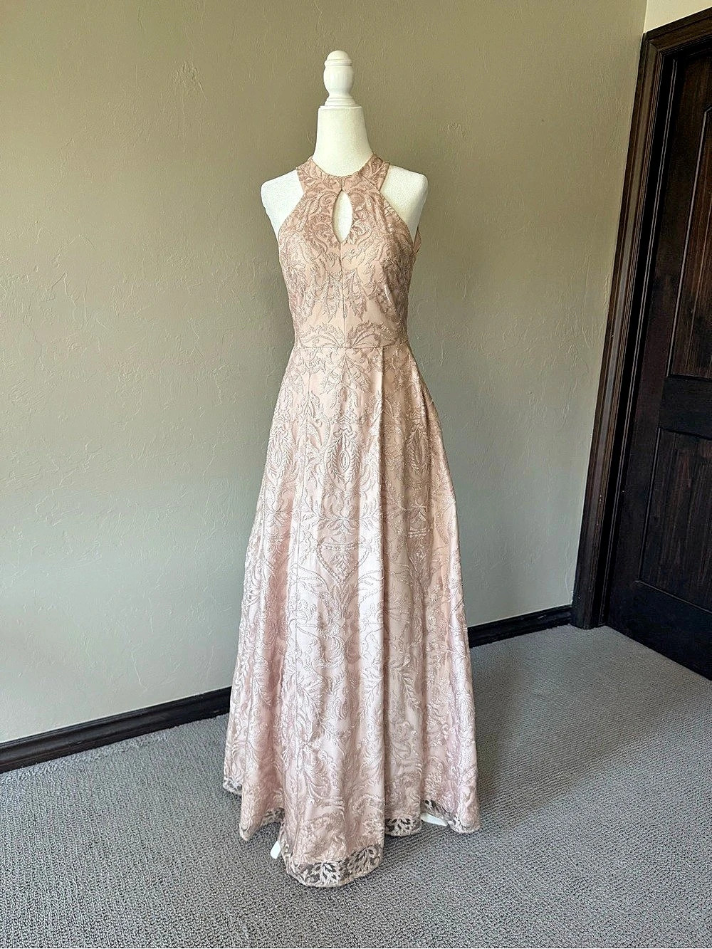 Morgan & Co. Pink Sparkly Floral Lace Ball Gown Maxi Dress